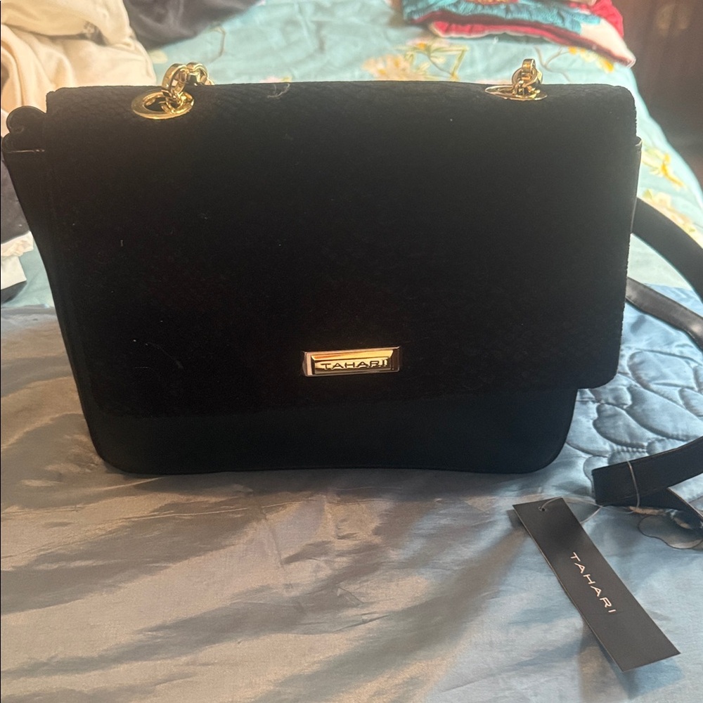 Tahari Black Crossbody Bag with Gold Accents